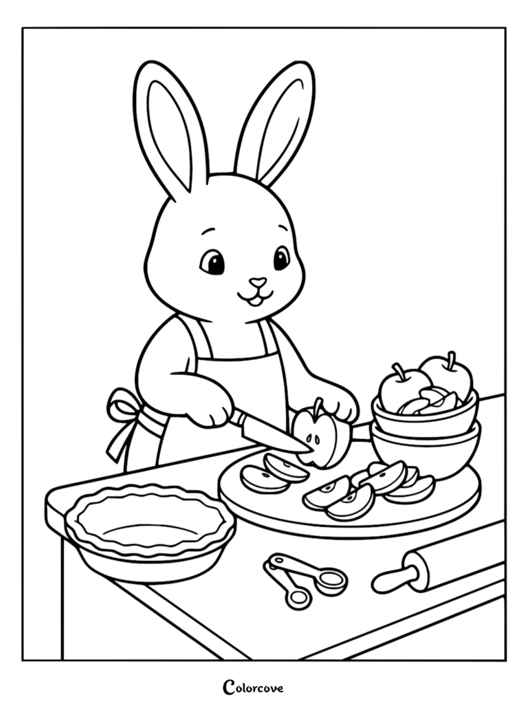 A cute bunny wearing an apron slicing apples on a cutting board for a pie in this printable coloring page.