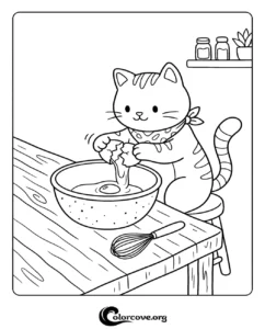 A cute tabby cat wearing a bandana cracking an egg into a bowl while baking, a printable coloring page for kids and cat lovers.