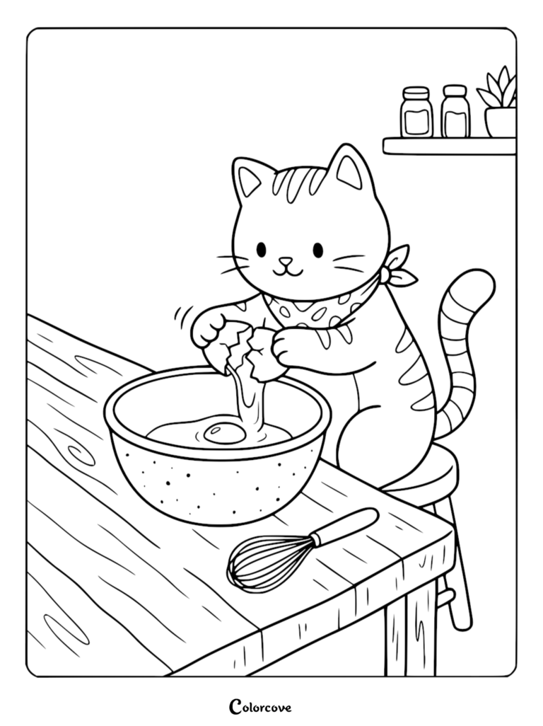 A cute cat wearing a polka dot bandana cracking an egg into a mixing bowl on a kitchen table, printable coloring page.