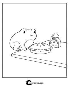 A cute cartoon frog sitting on a table next to a baked pie and an alarm clock in this printable coloring page.