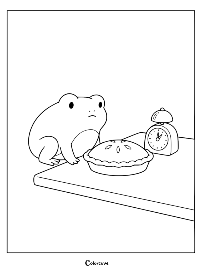 A cute frog sitting on a table next to a freshly baked pie and an alarm clock in this printable coloring page.