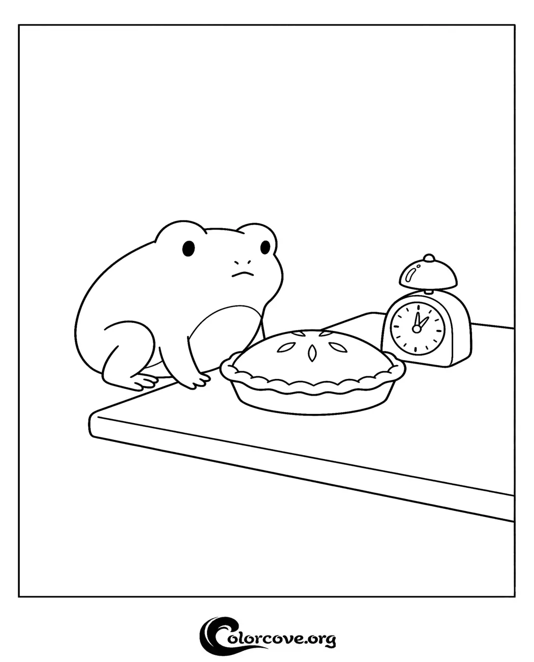 Download and print this adorable coloring page featuring a patient little frog waiting for a fresh pie to cool down. It is a fun and simple activity perfect for kids and adults who love cute animal illustrations.