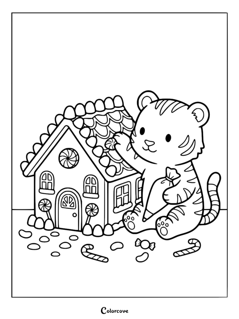 A cute tiger decorating a gingerbread house with icing in this printable coloring page.