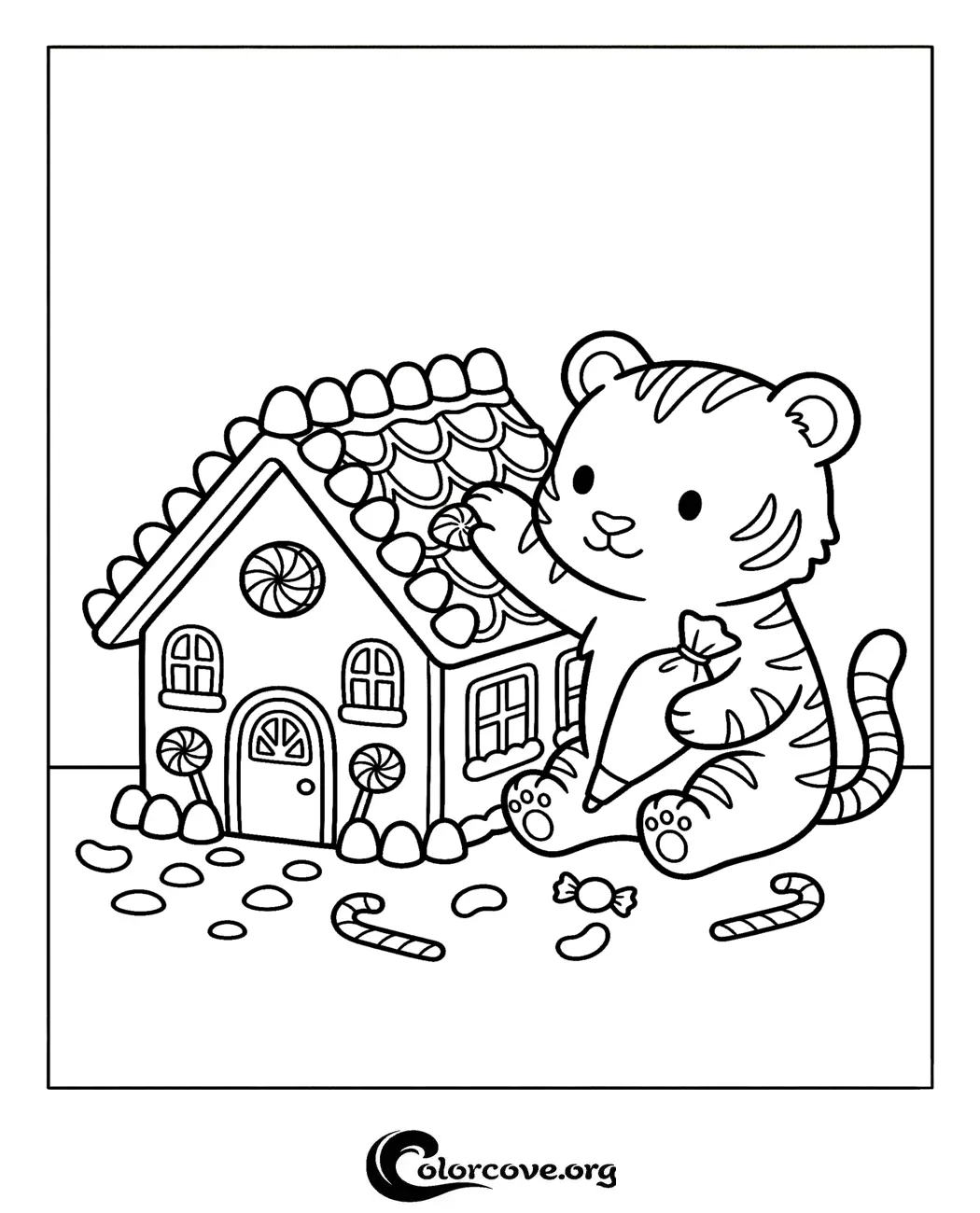 Bring some holiday cheer to your coloring collection with this adorable page featuring a tiger decorating a gingerbread house. Perfect for kids, this free printable coloring sheet is easy to download and ready to print in seconds.