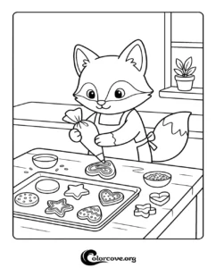 A cute fox wearing an apron while icing star and heart-shaped cookies on a baking sheet, perfect for a kids' printable coloring page.