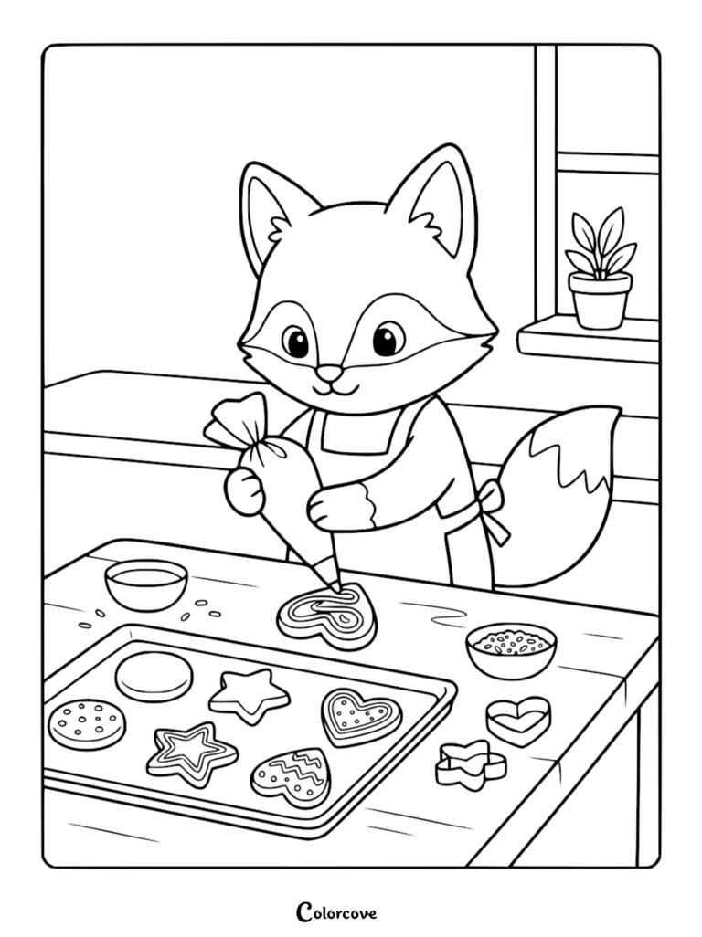 A cute fox wearing an apron decorating heart-shaped cookies with a piping bag in this printable coloring page.