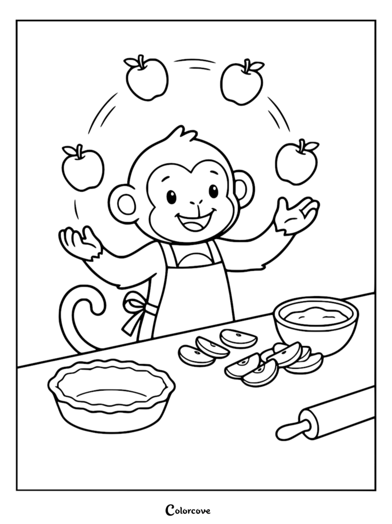 A cute monkey wearing an apron juggling apples in a kitchen, printable coloring page.