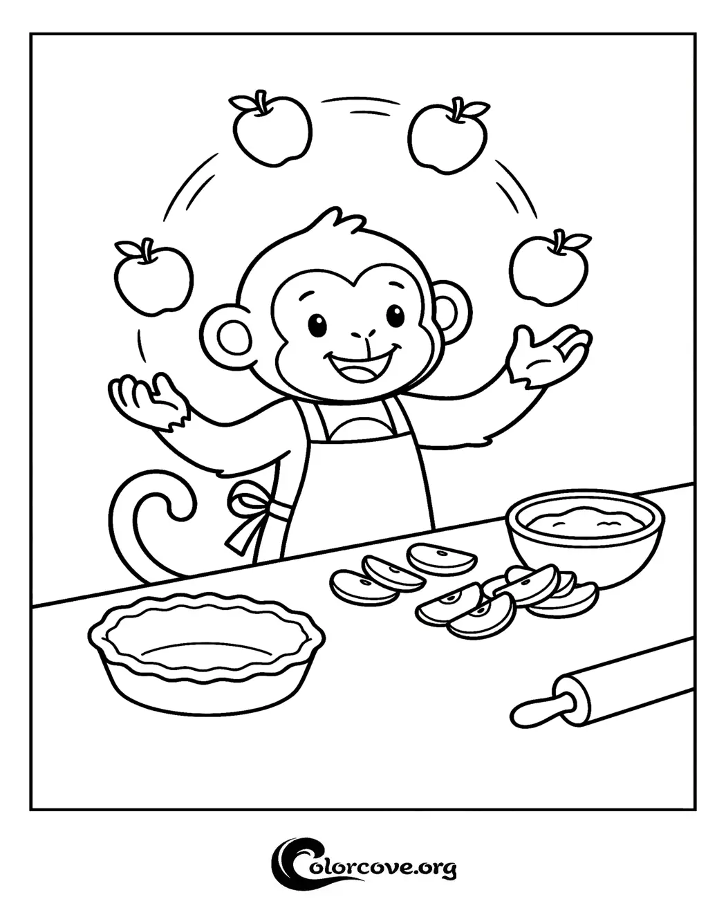 Bring some fun to the kitchen with this adorable monkey baking apple pie coloring page. This free, printable activity is perfect for kids who love animals and baking adventures.