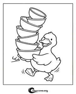 A cute cartoon duck carrying a tall stack of bowls to color for kids and toddlers