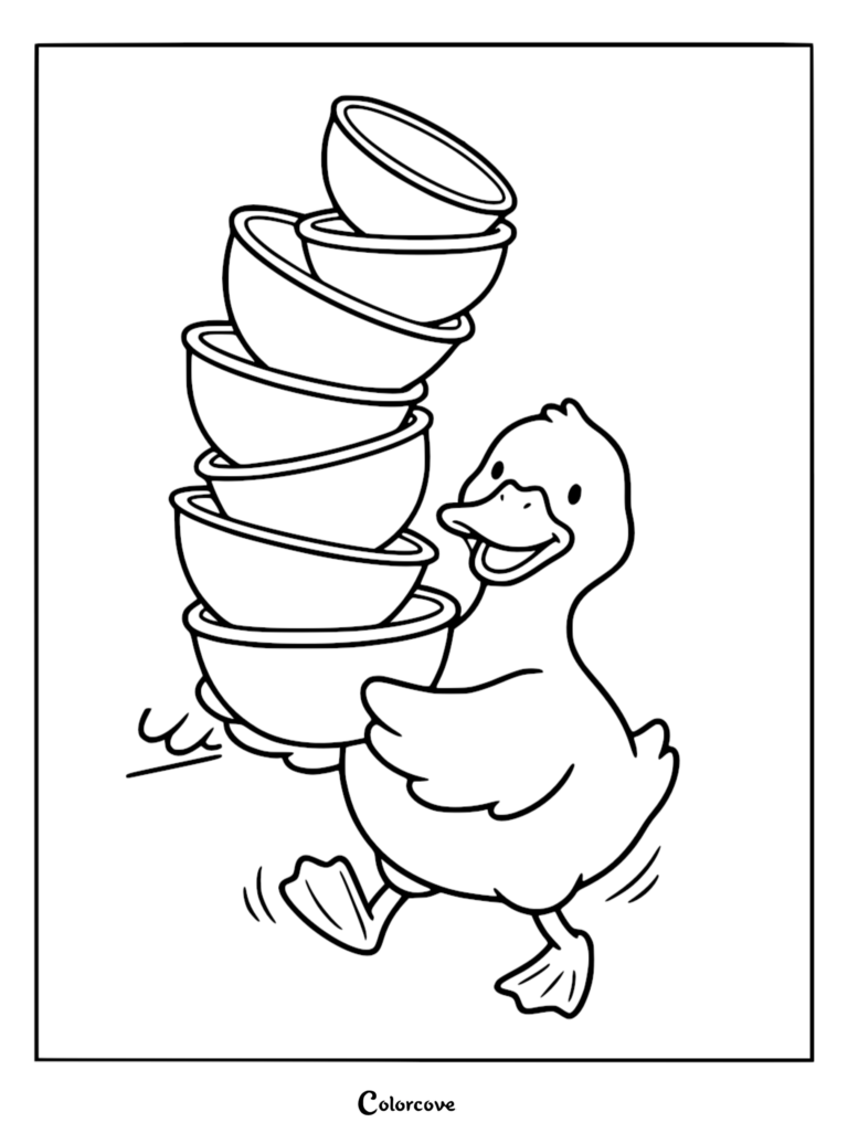 A cute duck balancing a tall stack of mixing bowls in this printable coloring page.