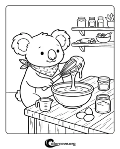 A cute koala wearing a bandana baking in a kitchen with a whisk and mixing bowl, printable coloring page for kids
