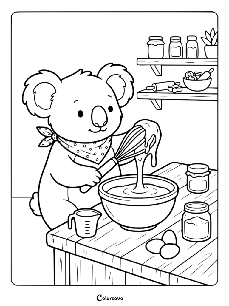 A cute koala wearing a polka dot bandana whisking batter in a bowl on a kitchen counter, printable coloring page.