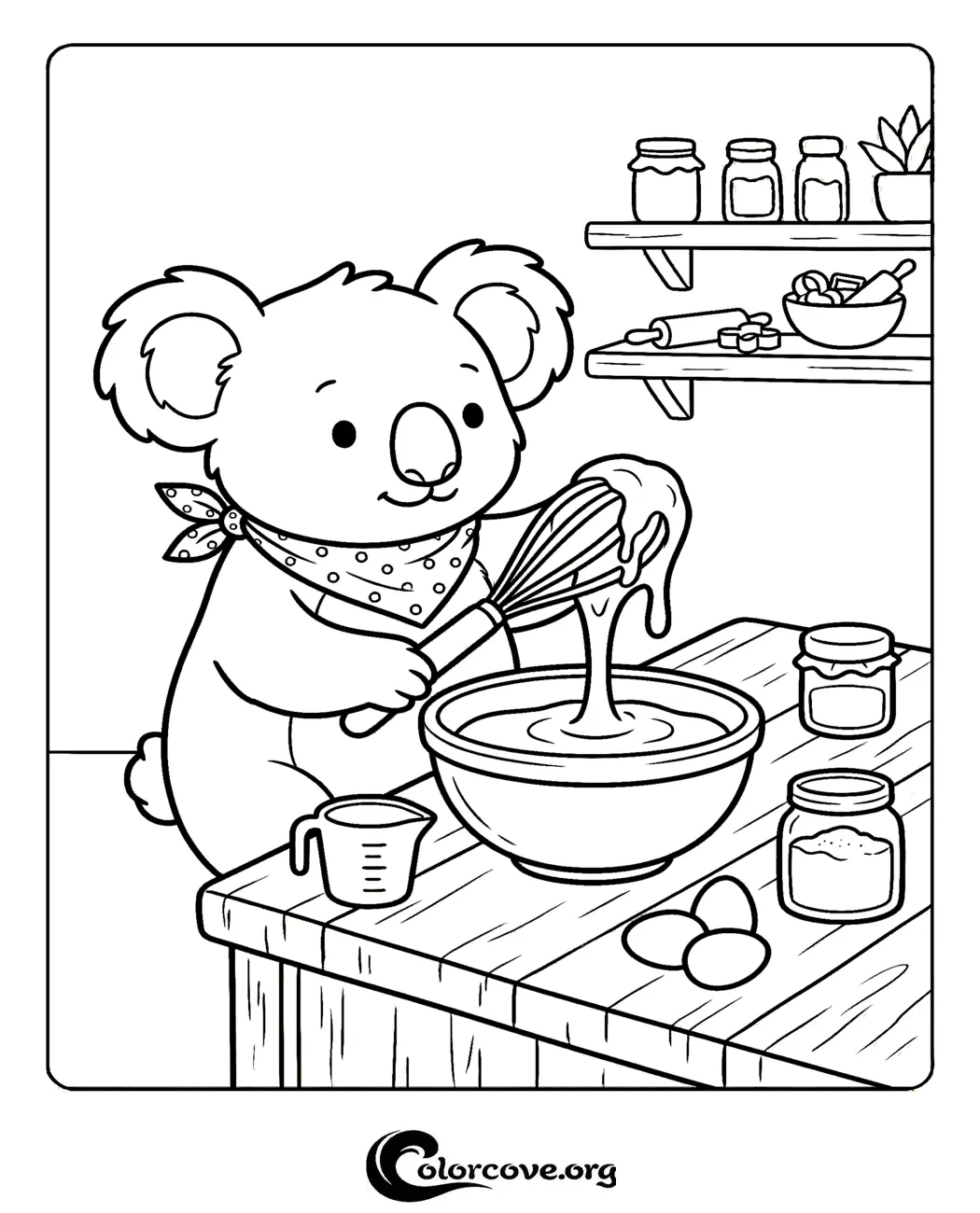 Inspire your child's creativity with this adorable koala baking coloring page. Download and print this fun kitchen-themed activity for kids in seconds.