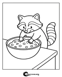 A cute cartoon raccoon reaching into a bowl of food to color, perfect for children and animal lovers.