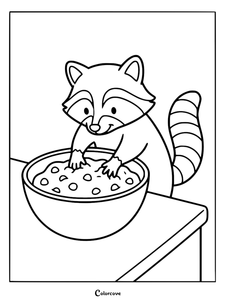 A cute raccoon mixing cookie dough in a large bowl, printable coloring page.