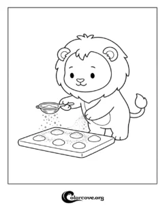 A cute cartoon lion sifting flour onto a baking sheet, printable coloring page for kids