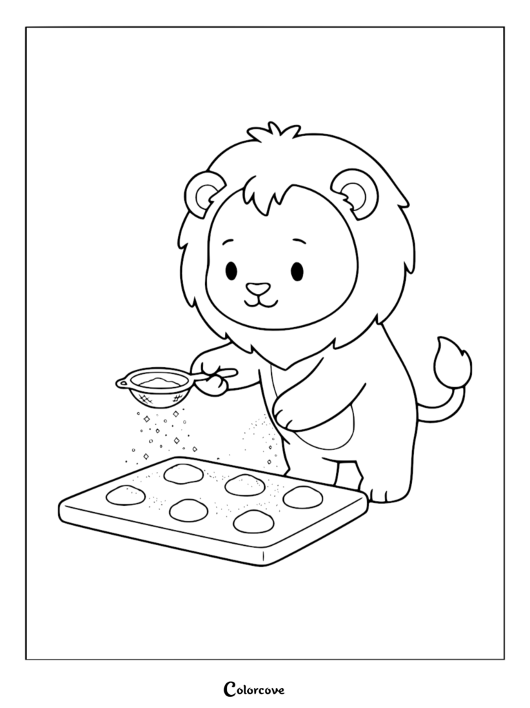 A cute lion character sifting flour over a muffin tin in this printable coloring page.
