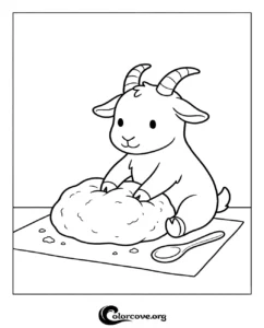 A cute cartoon goat kneading dough on a kitchen counter, free printable coloring page for kids