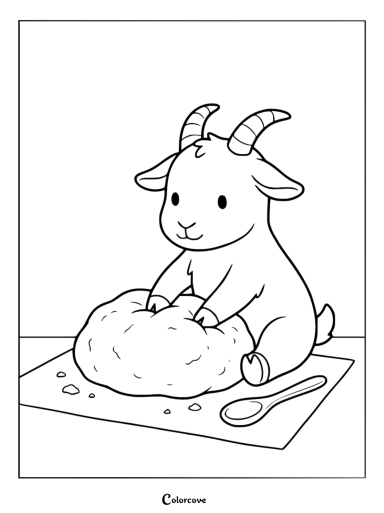 A cute goat kneading dough on a kitchen counter in this printable coloring page.