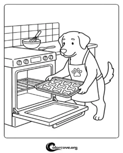 A cute dog wearing an apron baking bone-shaped dog treats in an oven, printable coloring page for kids