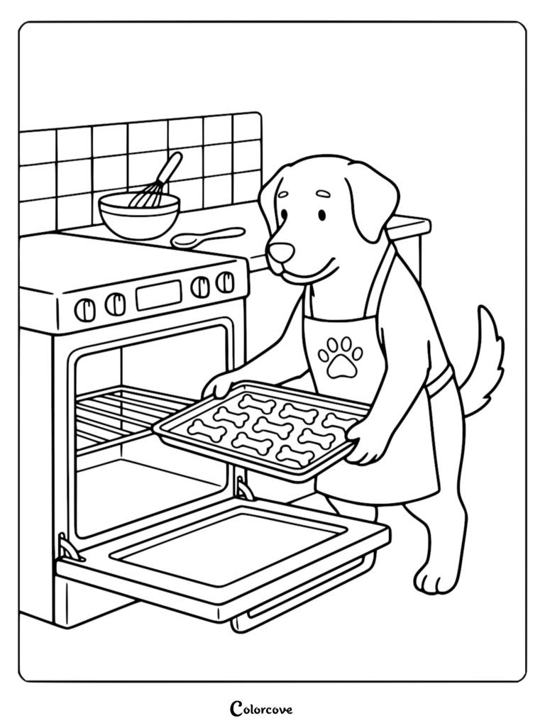 A cute dog wearing a paw-print apron putting a tray of bone-shaped treats into the oven in this printable coloring page.