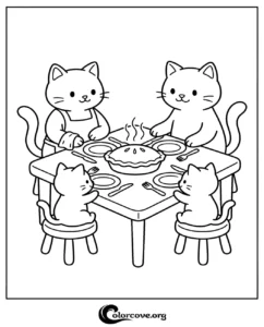 A cute coloring page for kids featuring a family of four cats sitting around a dining table ready to eat a warm pie.