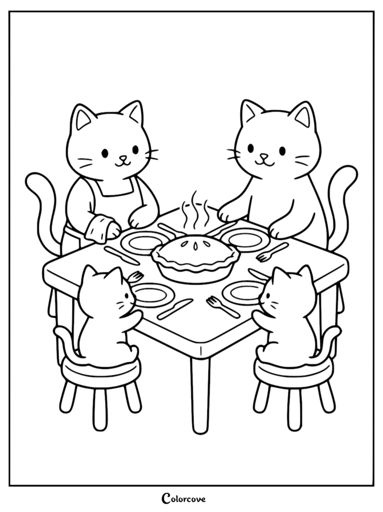 Cute animals cooking coloring page featuring a cat family sitting at a table with a freshly baked pie.