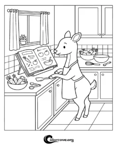 A cute deer wearing an apron while cooking in the kitchen, featuring a recipe book, fresh vegetables, and utensils for kids to color.