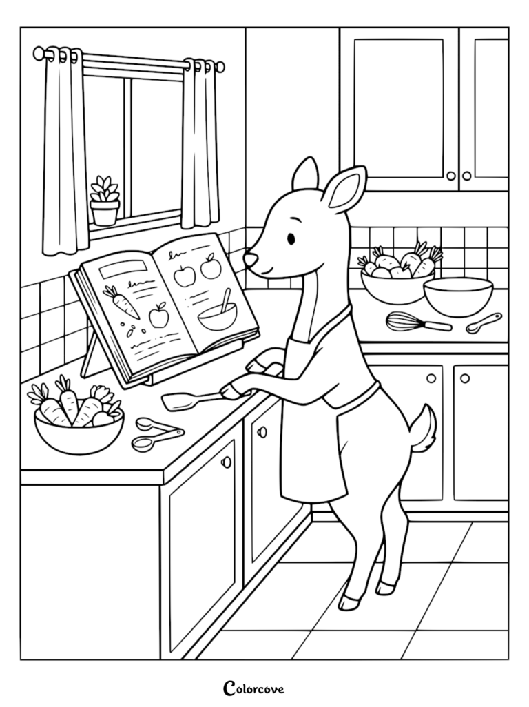 A cute deer wearing an apron reading a cookbook in a kitchen on this printable coloring page.