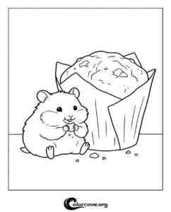 A cute, chubby hamster happily eating a large muffin coloring page for kids and animal lovers.