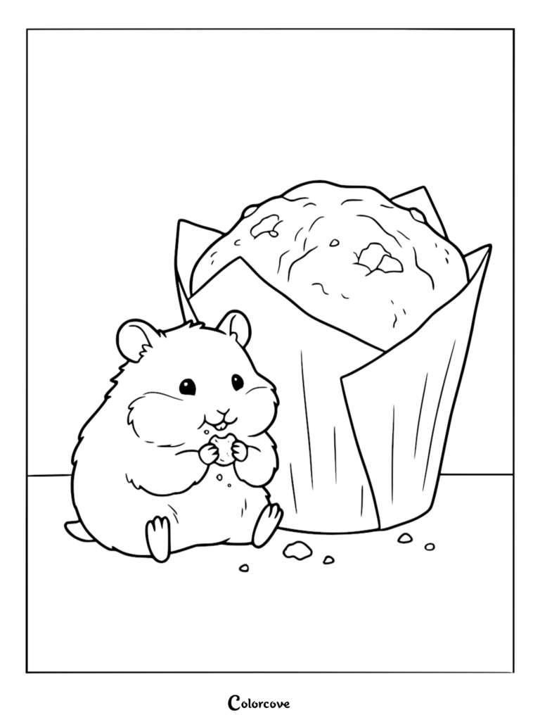 A cute hamster eating a piece of a large muffin in this printable coloring page.