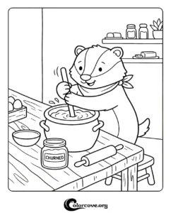 A cute badger wearing a bandana mixing ingredients in a cooking pot, featuring a kitchen table with a rolling pin and jars, perfect for a printable animal cooking coloring page for kids.