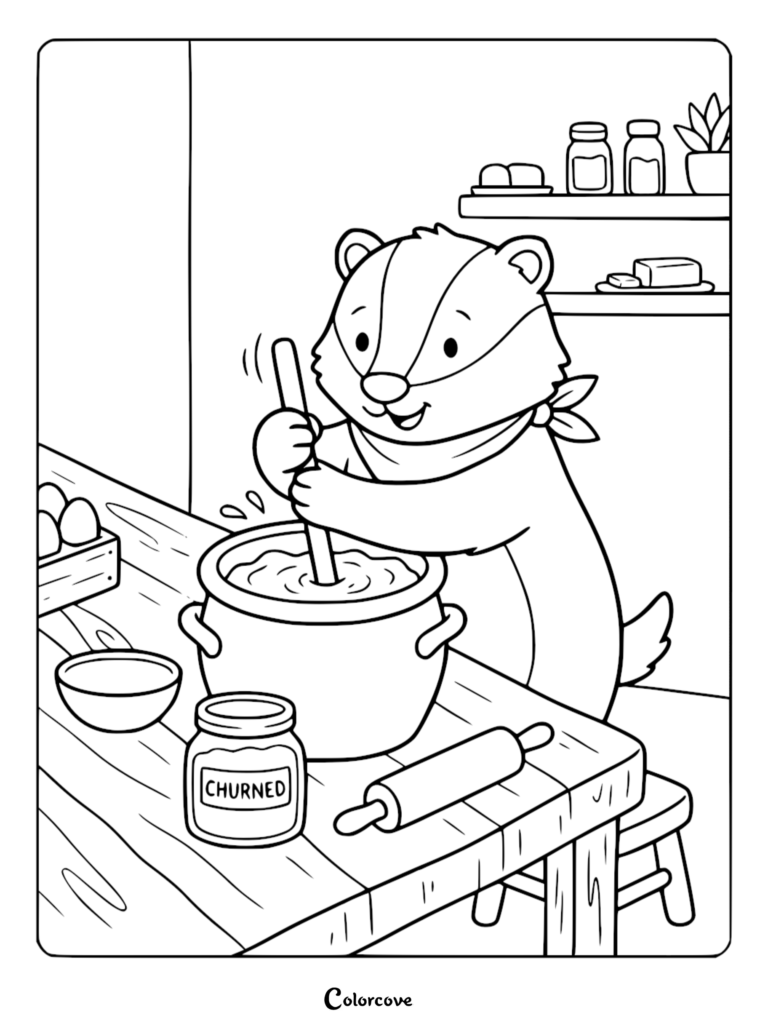 A cute badger wearing a bandana stirring a pot on a kitchen table in this printable coloring page.
