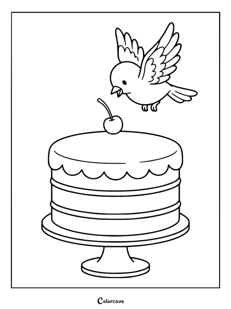 A cute bird hovering over a layered cake topped with a cherry in this printable coloring page.