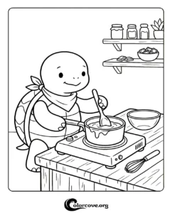 An adorable cartoon turtle wearing a bandana cooking in a kitchen, perfect for kids who love animals and baking.