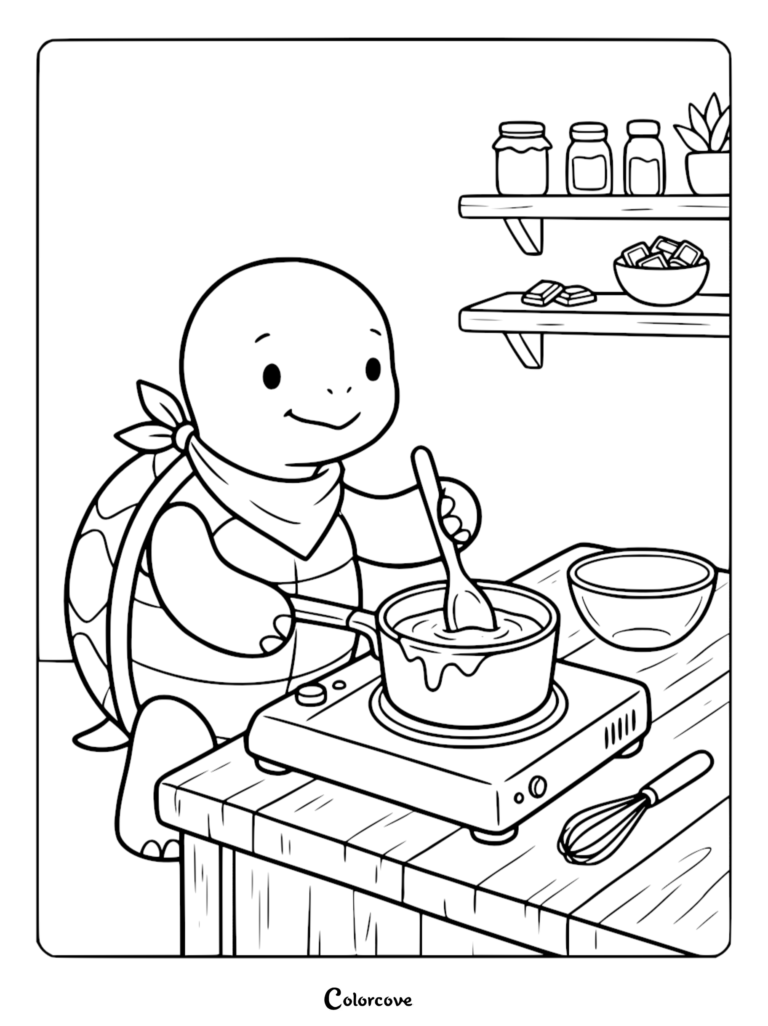 A cute turtle wearing a bandana stirs a pot on a stove in this printable coloring page featuring kitchen shelves with jars and chocolate.