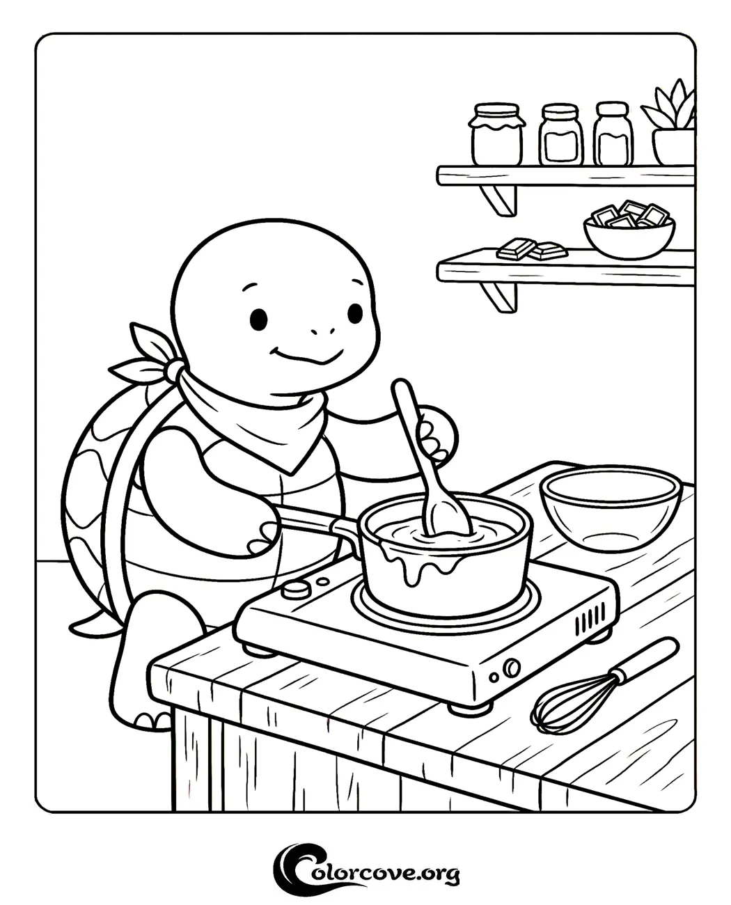 Spark your child's creativity with this fun and free printable turtle cooking coloring page. This charming scene features a little turtle chef in a kitchen, perfect for hours of artistic entertainment.