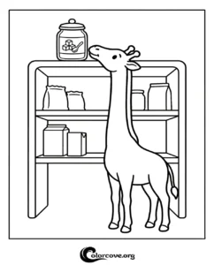 A friendly cartoon giraffe reaching for a jar of sugar on a pantry shelf, perfect for kids' coloring activities.