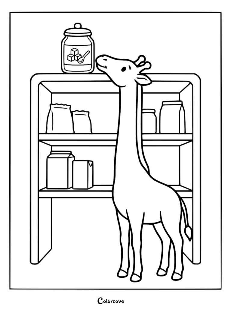 A cute giraffe reaching for a jar of sugar cubes on a kitchen shelf in this printable coloring page.