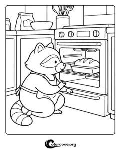 A cute raccoon wearing an apron baking a loaf of bread in the oven coloring page for children.