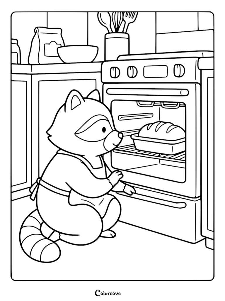 Cute raccoon wearing an apron checking on a loaf of bread in the oven coloring page