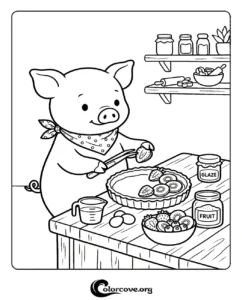 A cute cartoon pig wearing a bandana and baking a fresh fruit tart in a kitchen, printable coloring page for kids