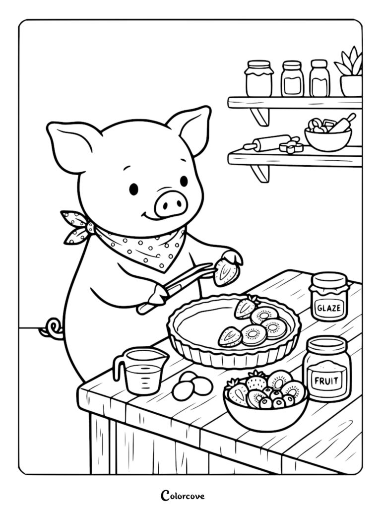 A cute pig wearing a bandana placing fruit slices into a tart pan on a kitchen table in this printable coloring page.