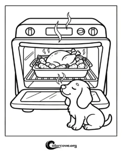 A cute puppy sitting in front of an oven with a roasting turkey and vegetables inside, fun cooking-themed coloring page for children.