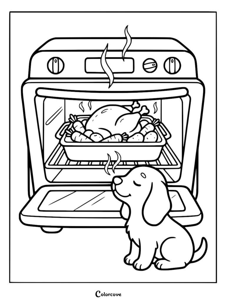 A cute puppy sitting in front of an open oven smelling a roasting chicken and vegetables in this free printable coloring page.
