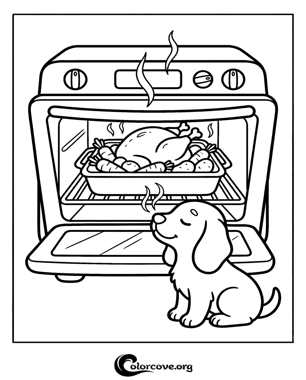 Bring this adorable scene to life with our free printable coloring page featuring a hungry puppy waiting for a delicious holiday roast. Perfect for kids who love animals and cooking, this page is ready to print and color in seconds.