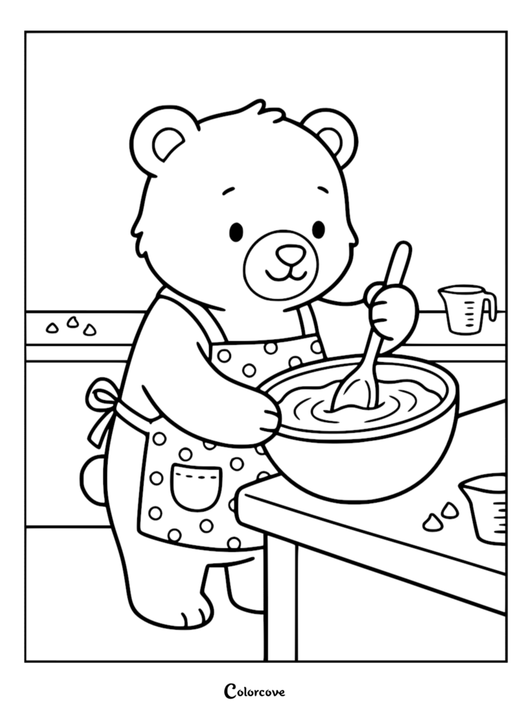 A cute bear wearing a polka dot apron stirring batter in a mixing bowl, printable coloring page.