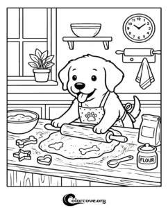 A cute puppy wearing an apron rolling out cookie dough in a kitchen, free printable coloring page for kids