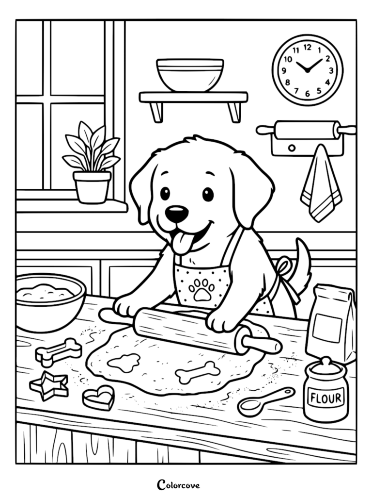 A cute puppy wearing a paw-print apron uses a rolling pin to flatten dough on a kitchen counter in this printable coloring page.