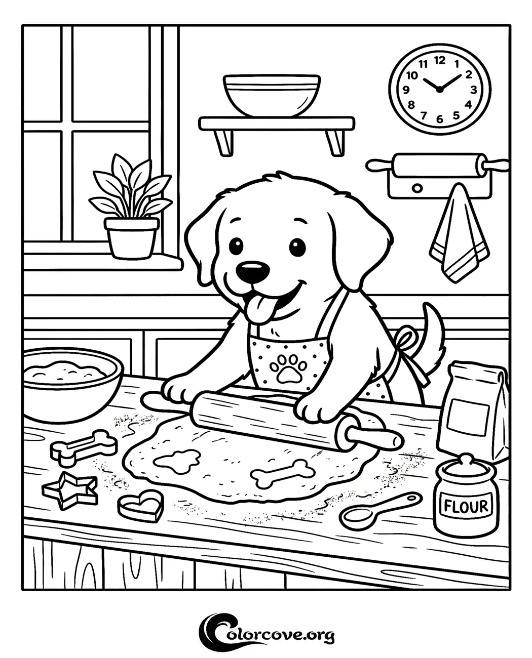 Bring some kitchen fun to life with this adorable coloring page featuring a puppy baking treats. Perfect for children who love animals and baking, this printable is free to download and color instantly.